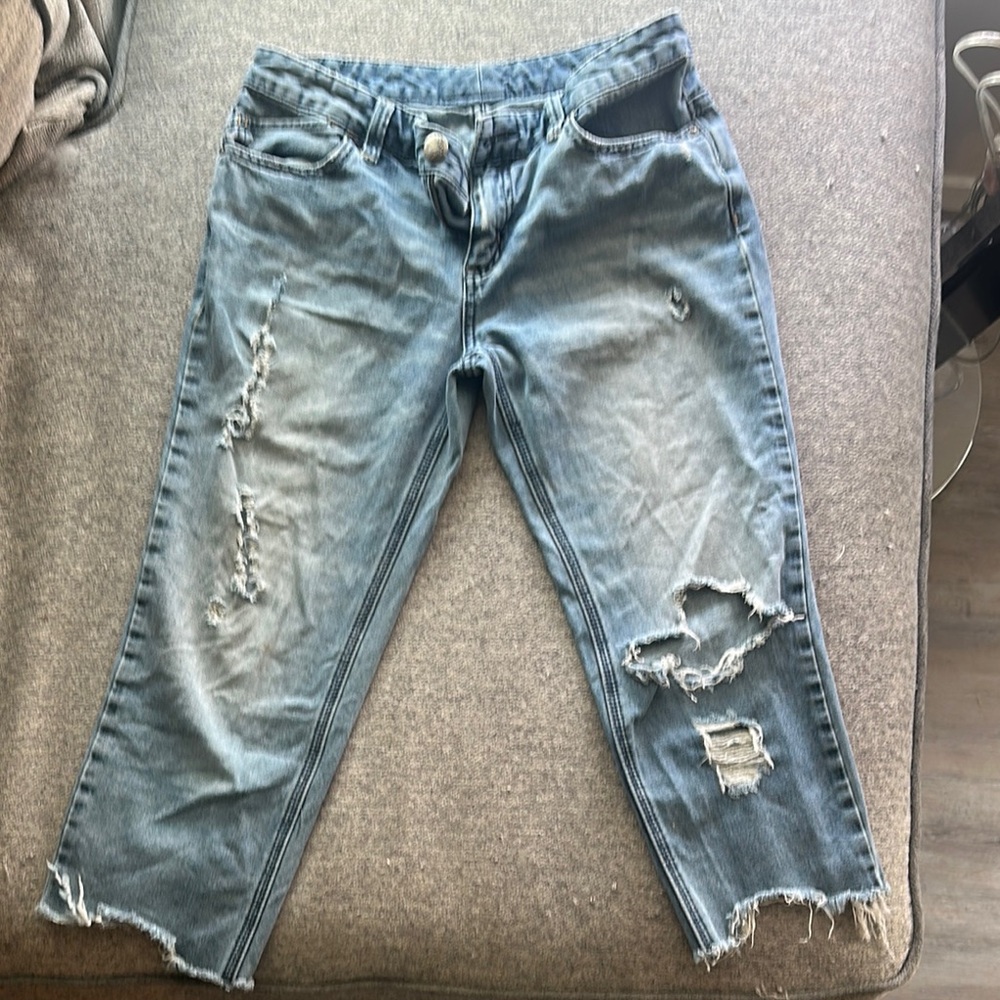 Free People Blue Ankle Cropped Distressed Jeans